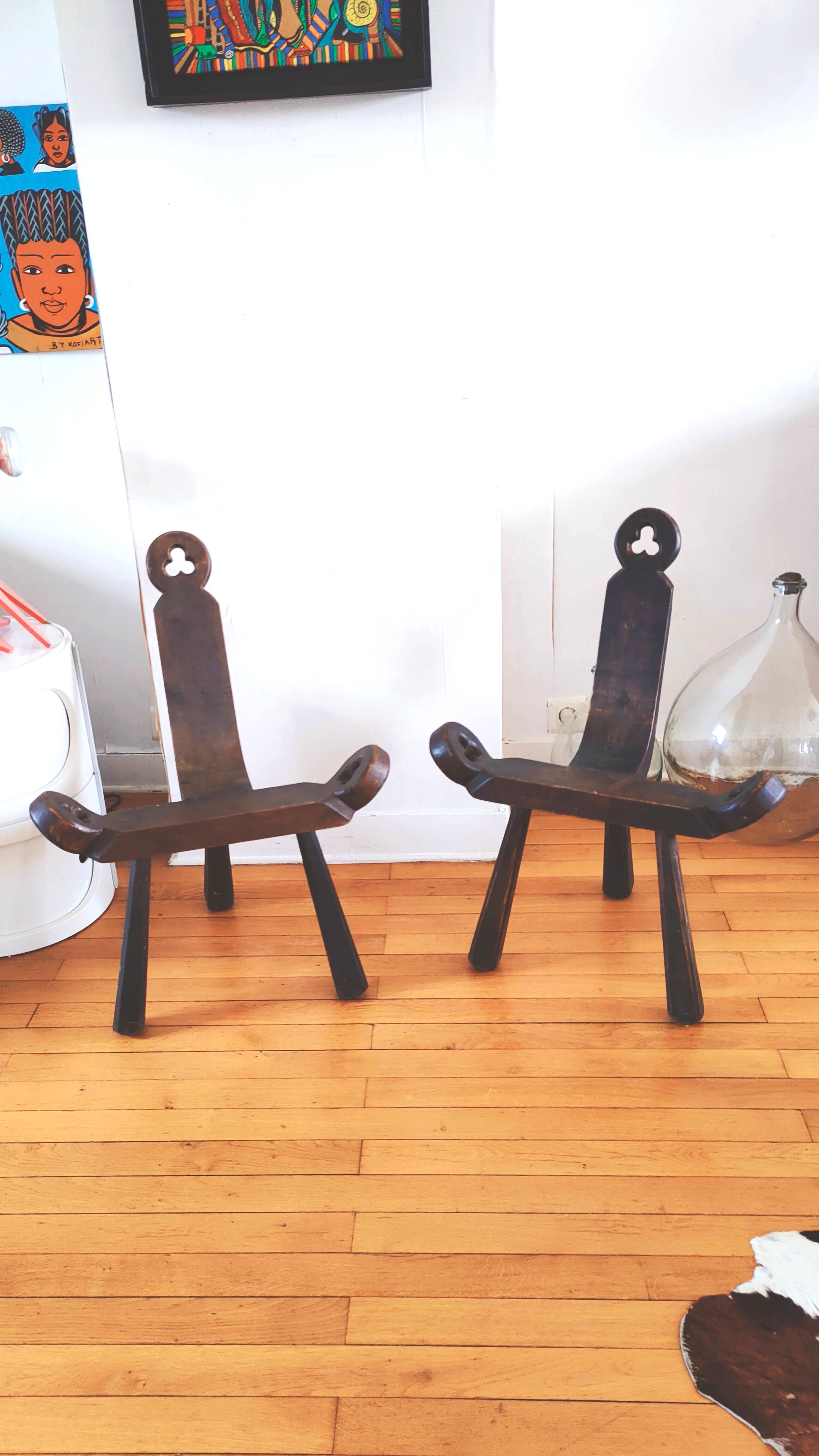 Pair of brutalist chairs tripod feet