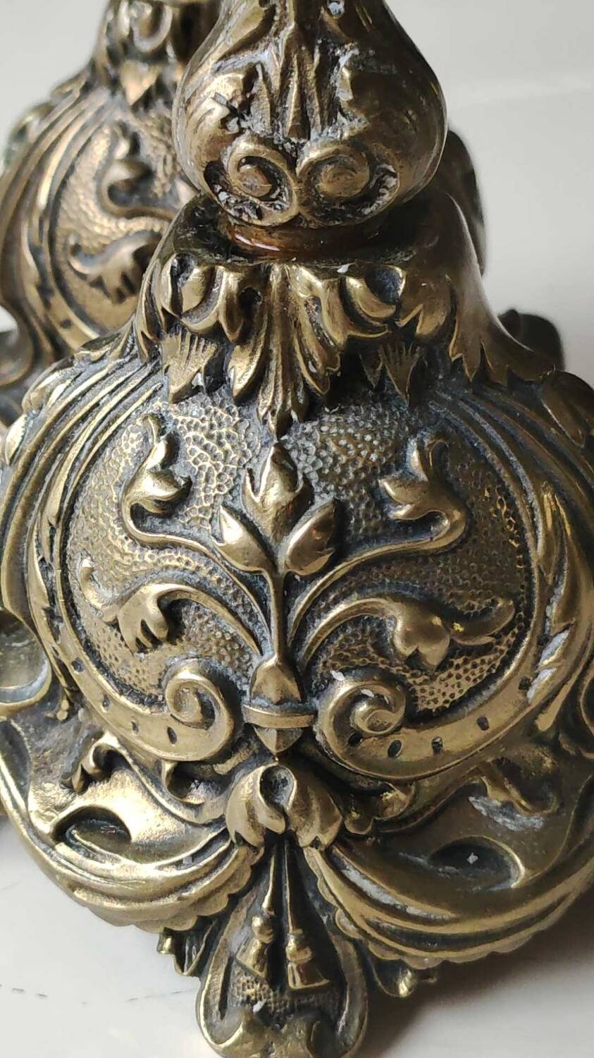 Pair of Antique Flambeaux Candlesticks/Baroque Style, Rocaille. In gilded bronze. 19th century