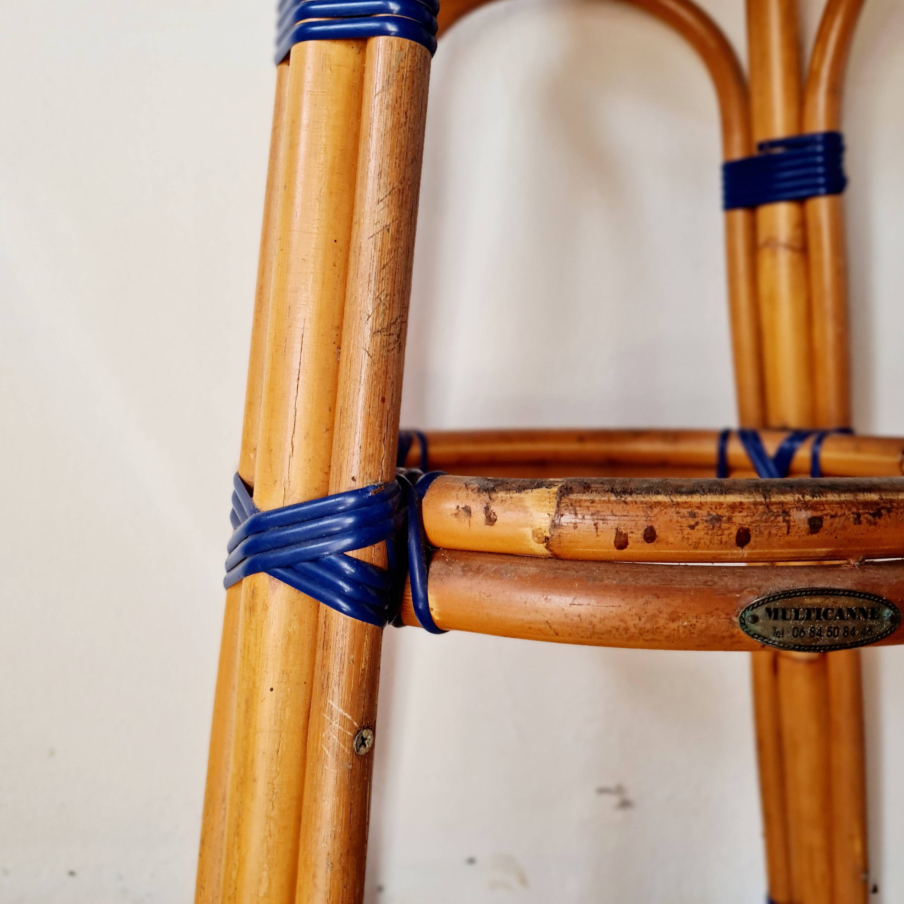 Vintage high stool Multicanne - Rattan & blue Rilsan - French