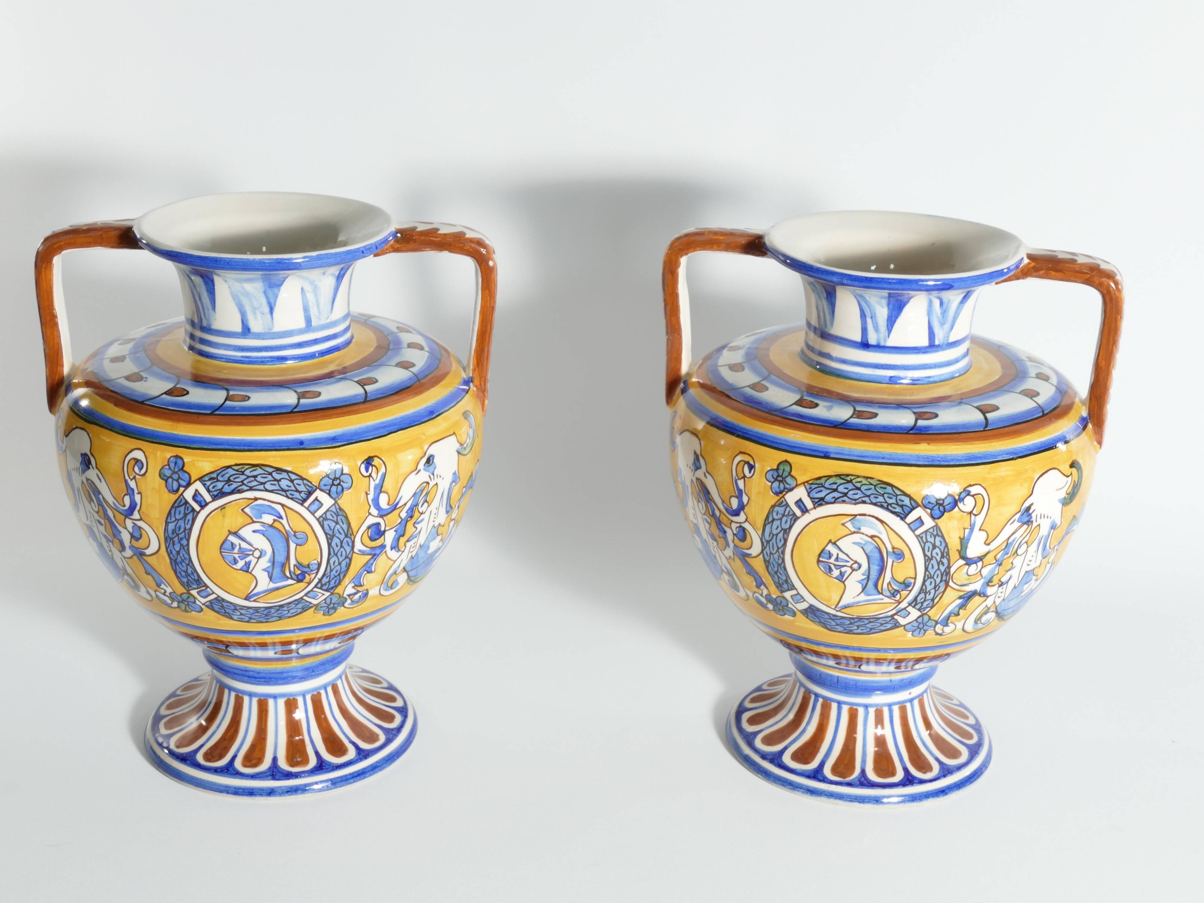 Large Hand-Painted Ceramic Double Handled Vases,  France, Set of 2