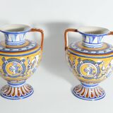 Large Hand-Painted Ceramic Double Handled Vases,  France, Set of 2