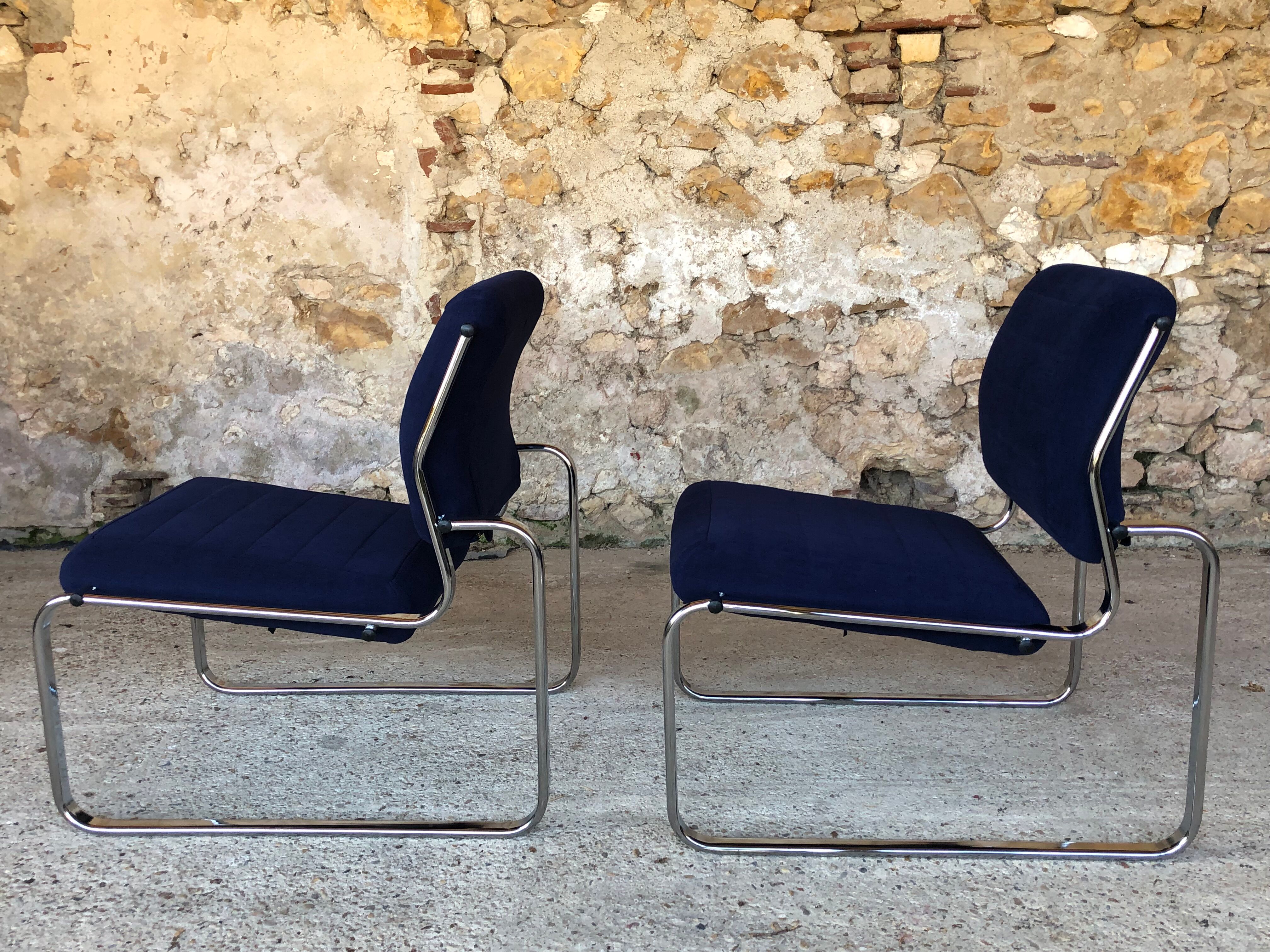 Pair of vintage chrome and blue microfibre armchairs circa 70