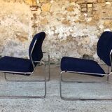 Pair of vintage chrome and blue microfibre armchairs circa 70