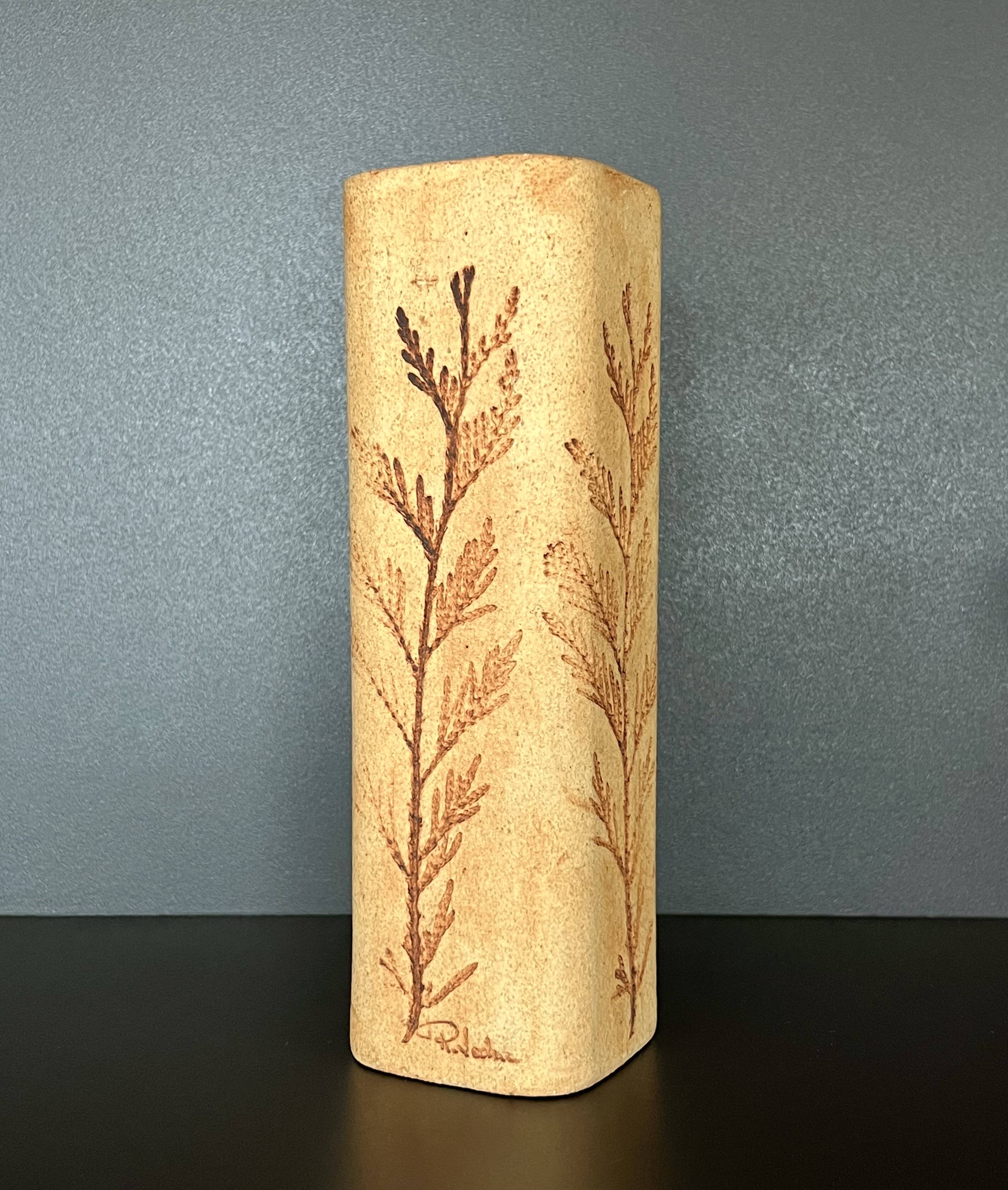 Stoneware vase with herbarium decoration by Raymonde Leduc, Vallauris, 1960s