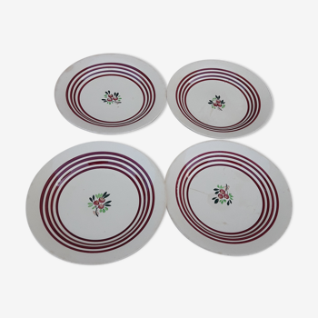 4 assiettes creuses en faïence de Gien liseré rouge et fleur diam 22,5 cm