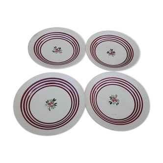 4 assiettes creuses en faïence de Gien liseré rouge et fleur diam 22,5 cm