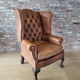Antieke cuir Chesterfield wingback ourfauteuil Chippendale style cognac