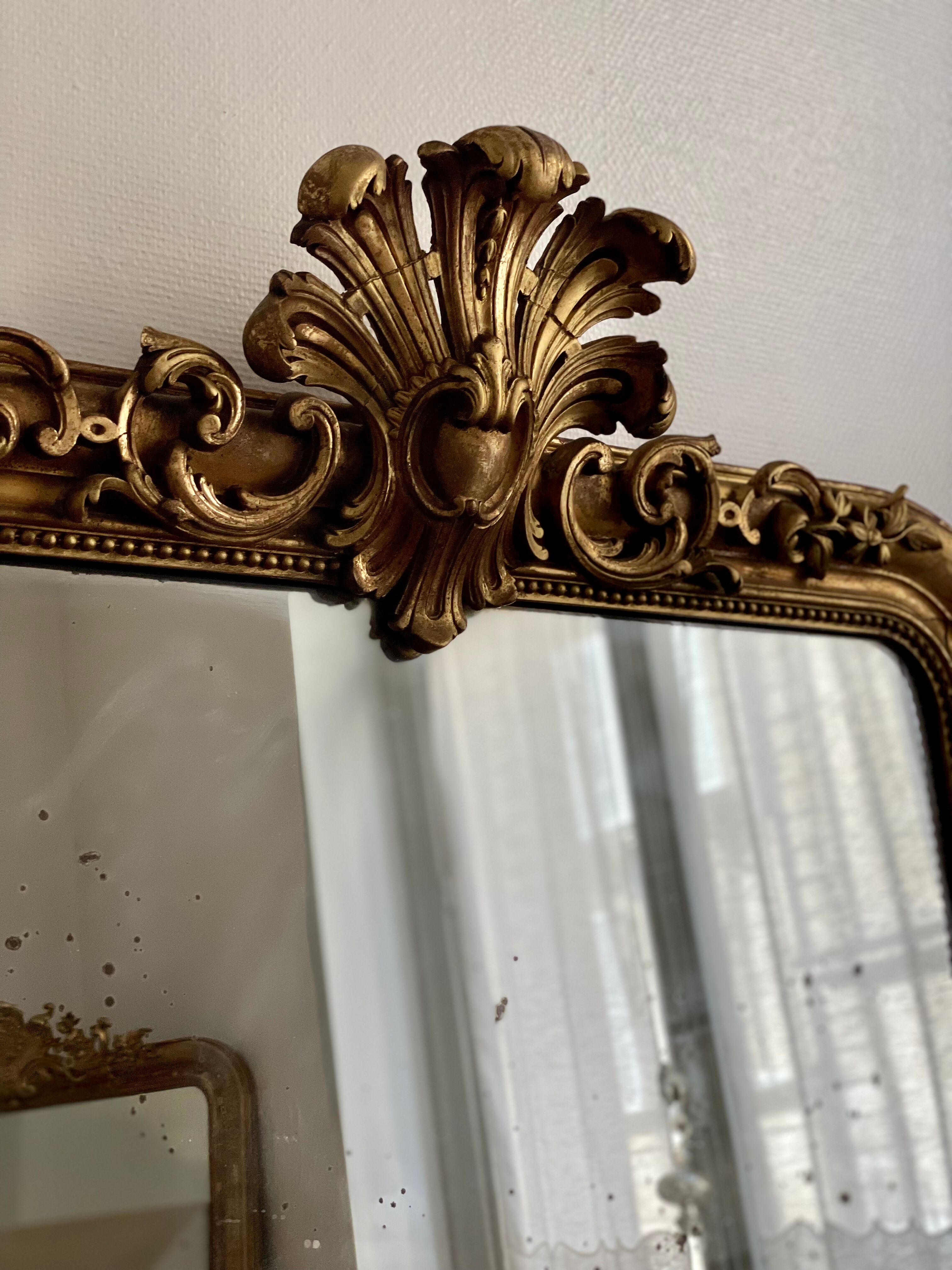 Old mirror louis Philippe Dore gold leaf pediment gilded fireplace