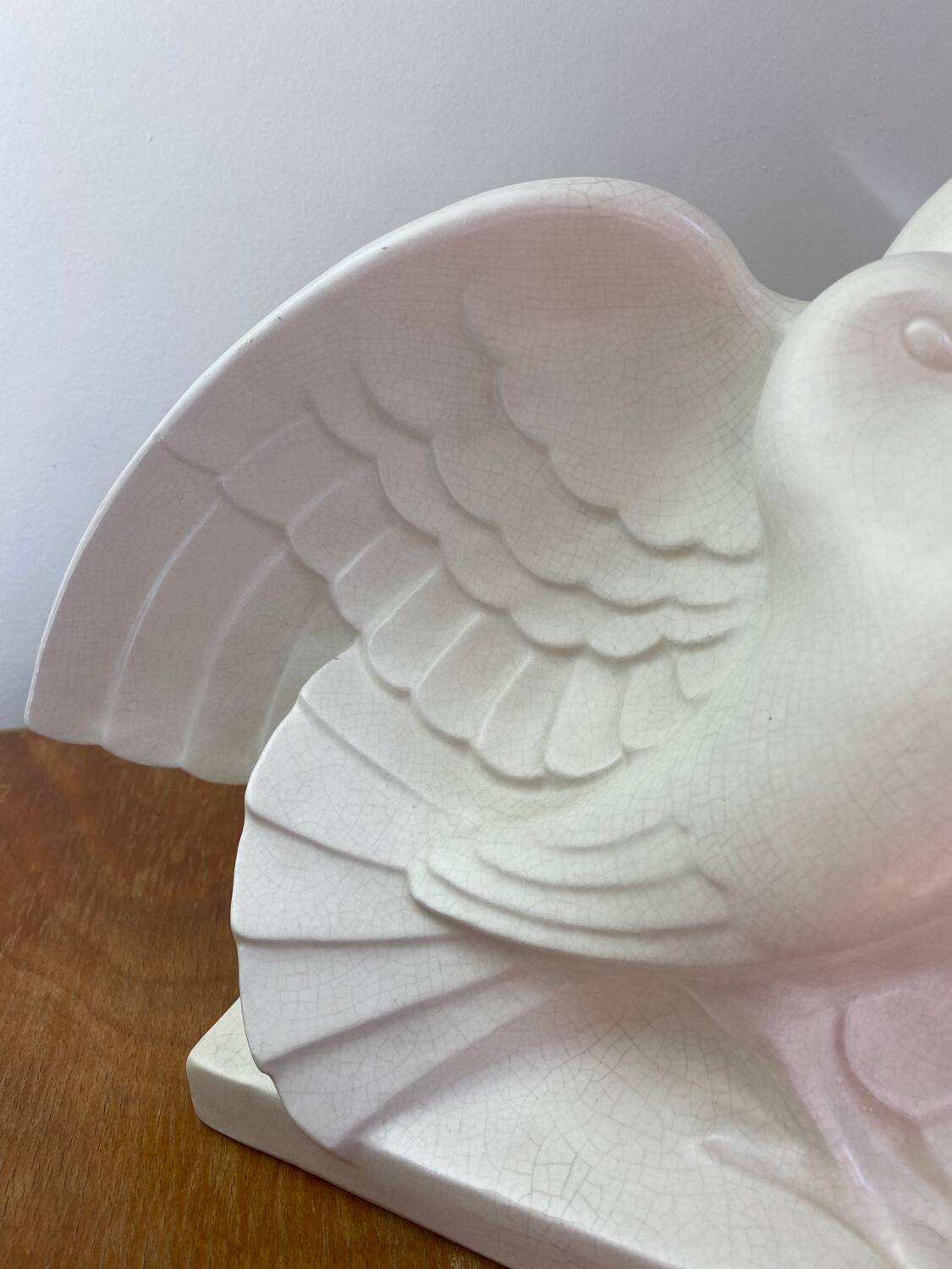 Cracked ceramic doves, signed Lejan