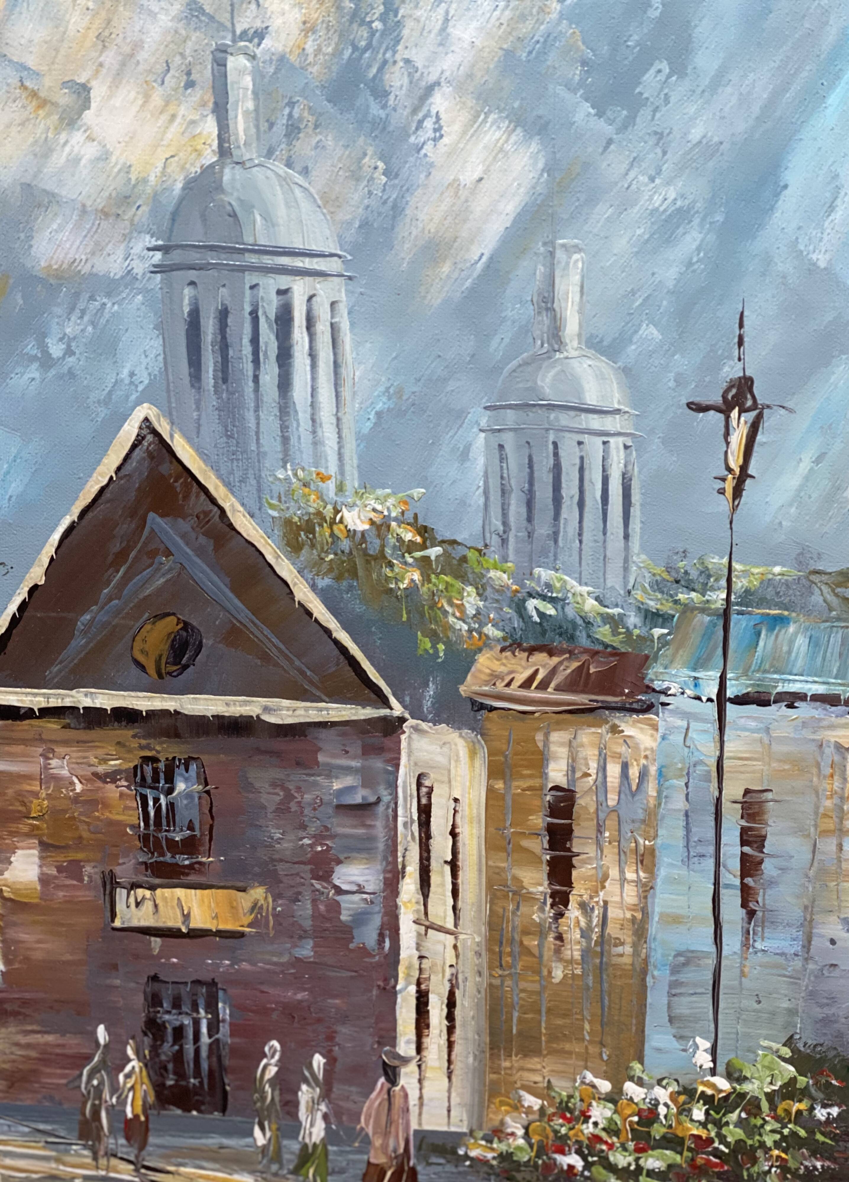 Painting by louis burnett, animated scene in paris, vintage 1950