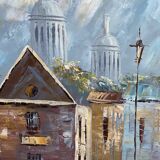 Painting by louis burnett, animated scene in paris, vintage 1950