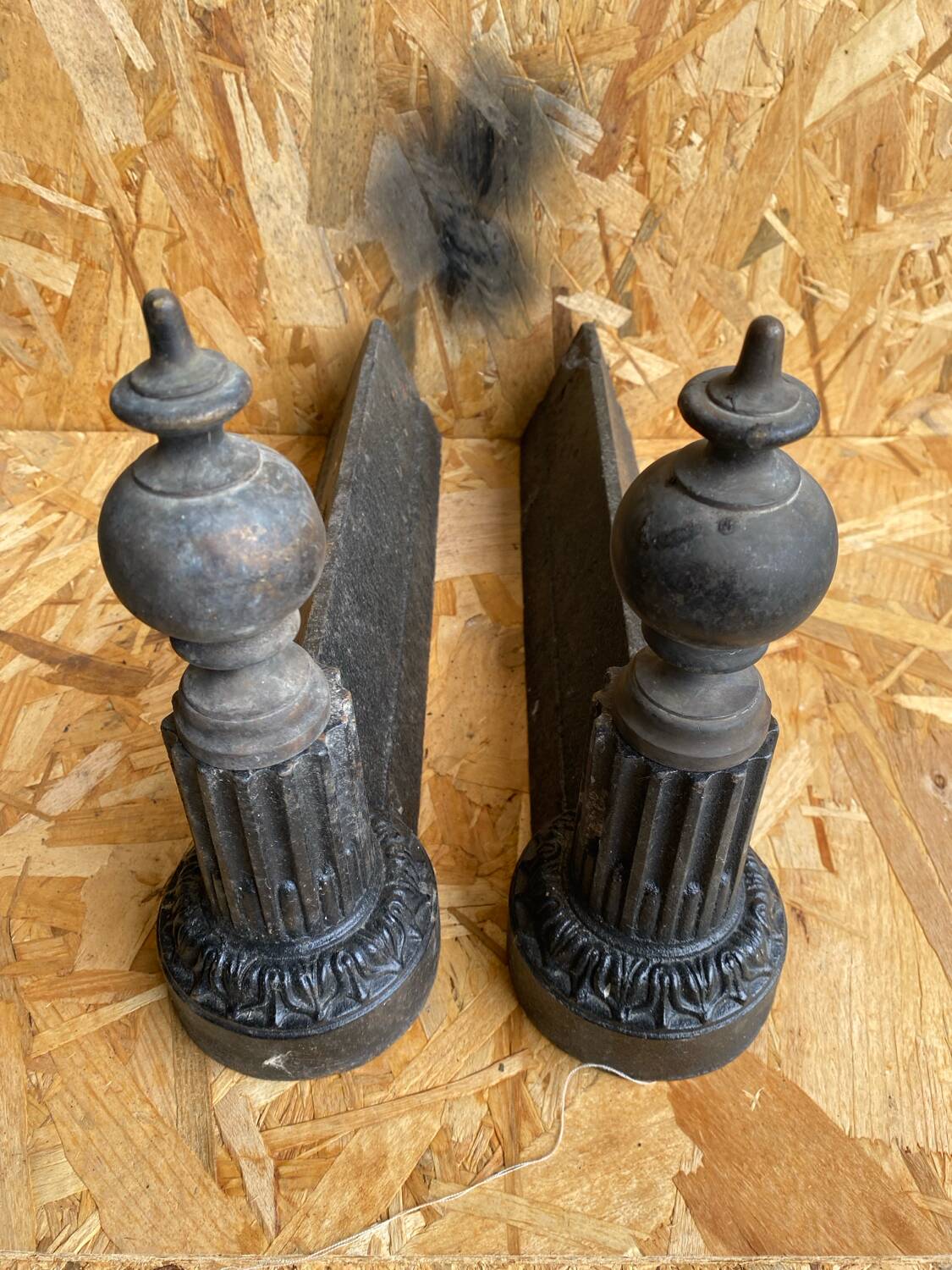 Pair of Napoleon 3 neoclassical cast iron fireplace andirons + brass ball