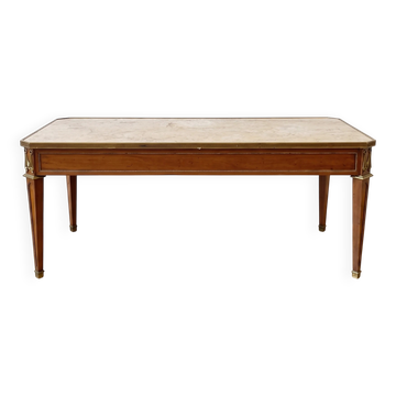 Table basse style Louis XVI en bois et marbre avec ornements bronze