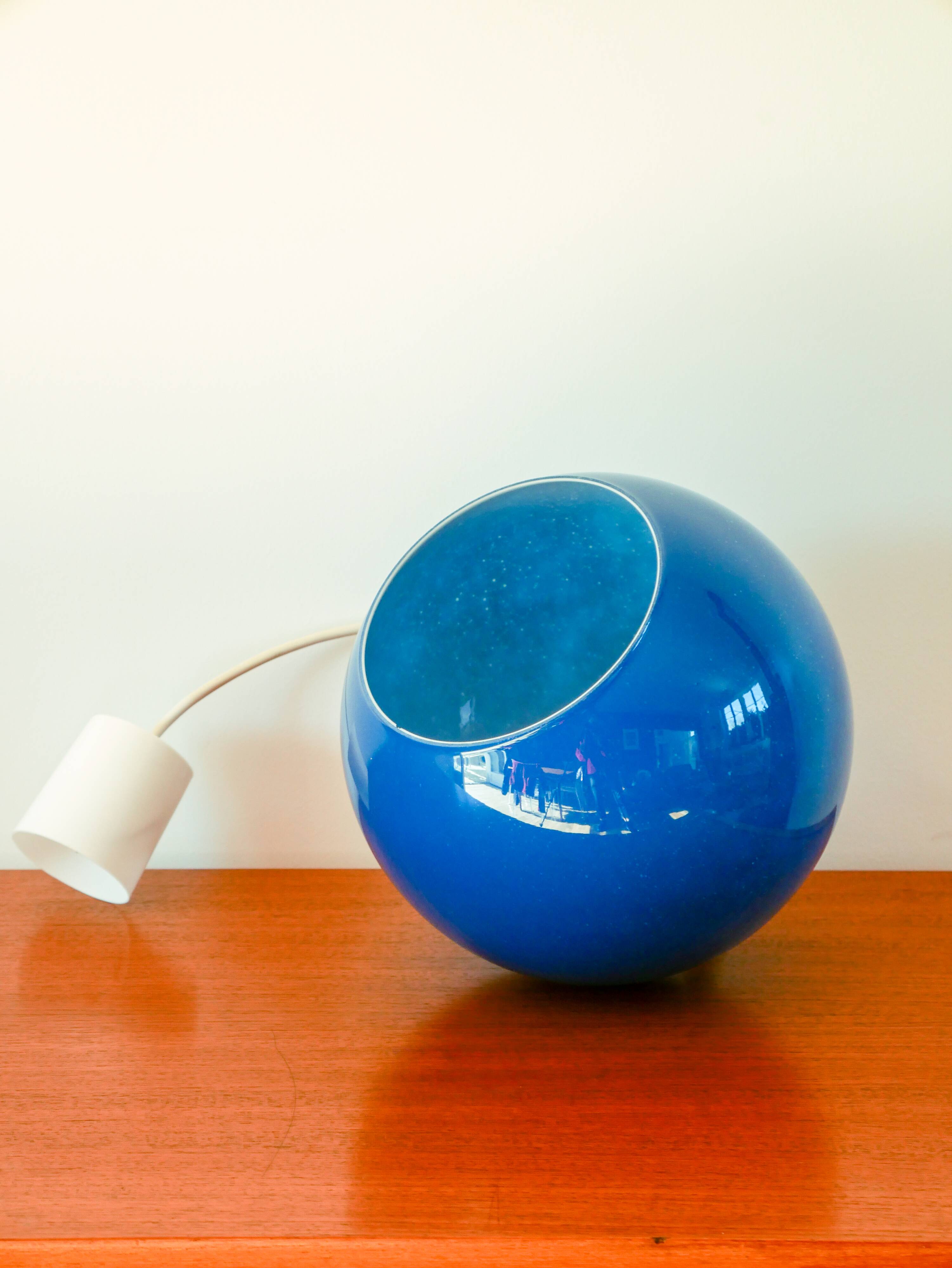 Spherical pendant light in royal blue opaline design 1970