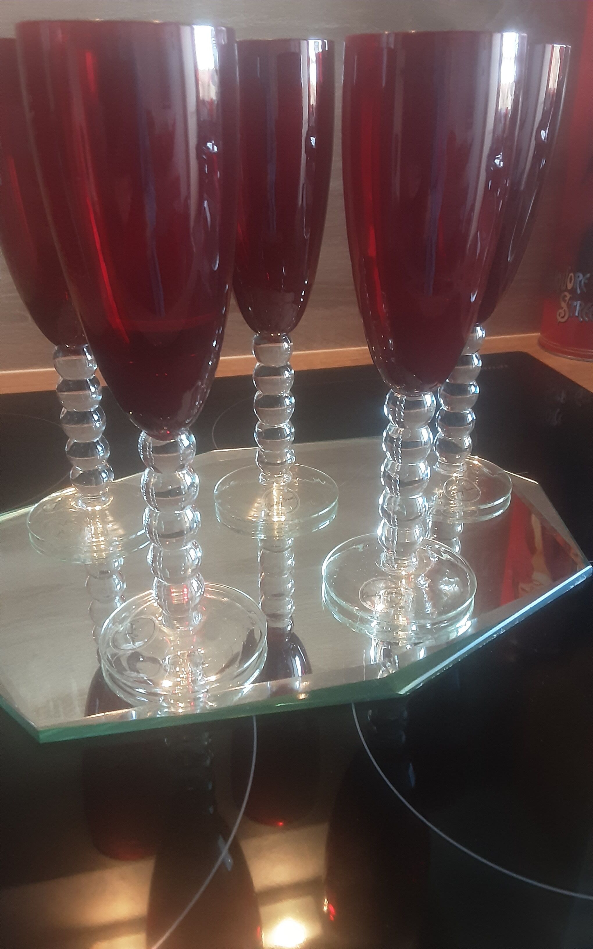 Lot 5 vintage ruby red glass flutes