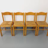 Set of 4 vintage brutalist chairs in light wood and straw from the 70s