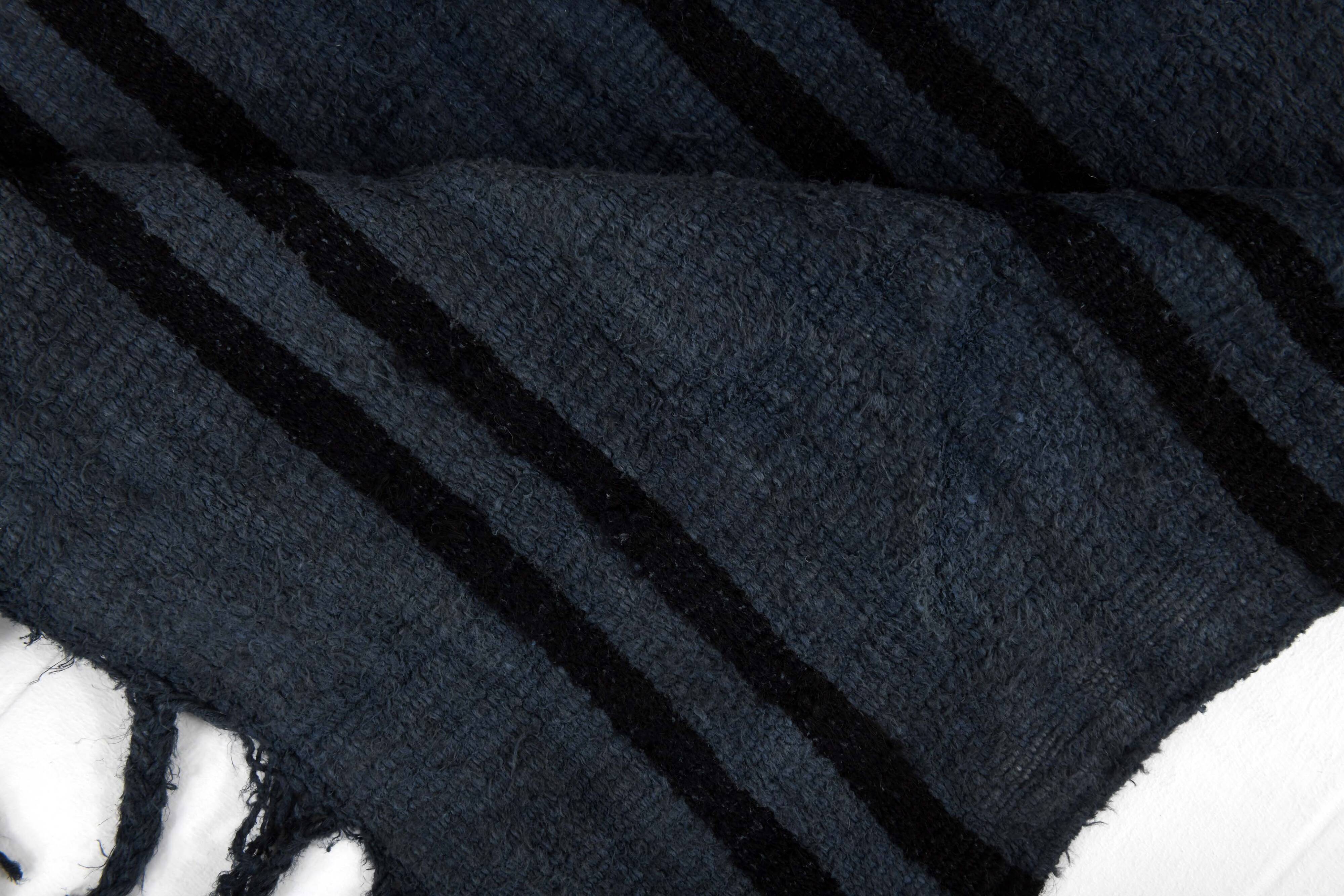 6x8 Navy Blue & Black Striped Kilim Rug, 174x240Cm