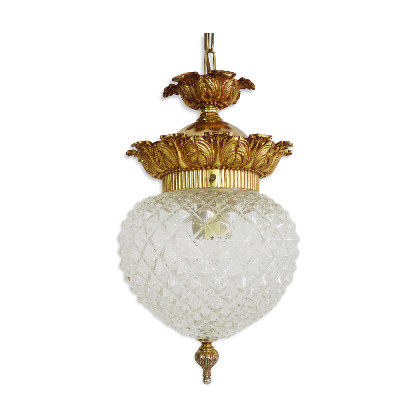 Brass and diamond-tipped chiseled glass globe hanging lamp