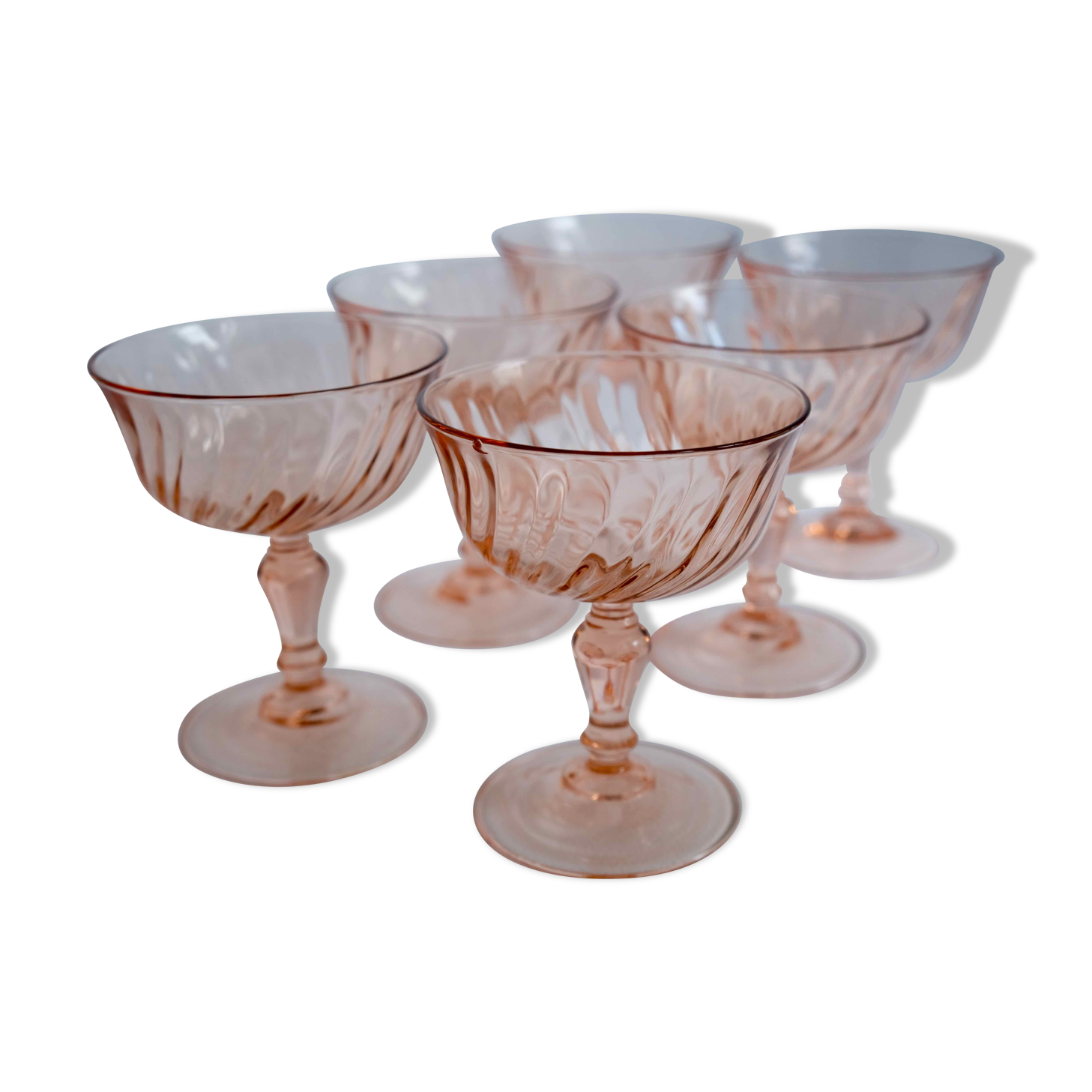 Set Of 6 Cups Champagne Rose Vintage Rosaline Pink Swirl Glass Arcoroc Luminarc France Selency