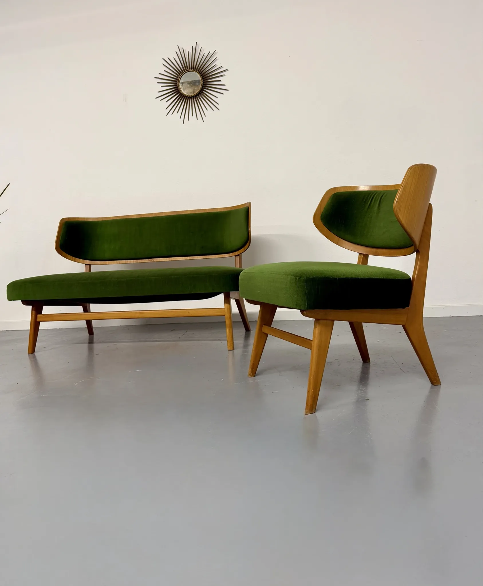Sofa and armchair designed by Herta-Maria Witzemann, moulded wood, 1960s.