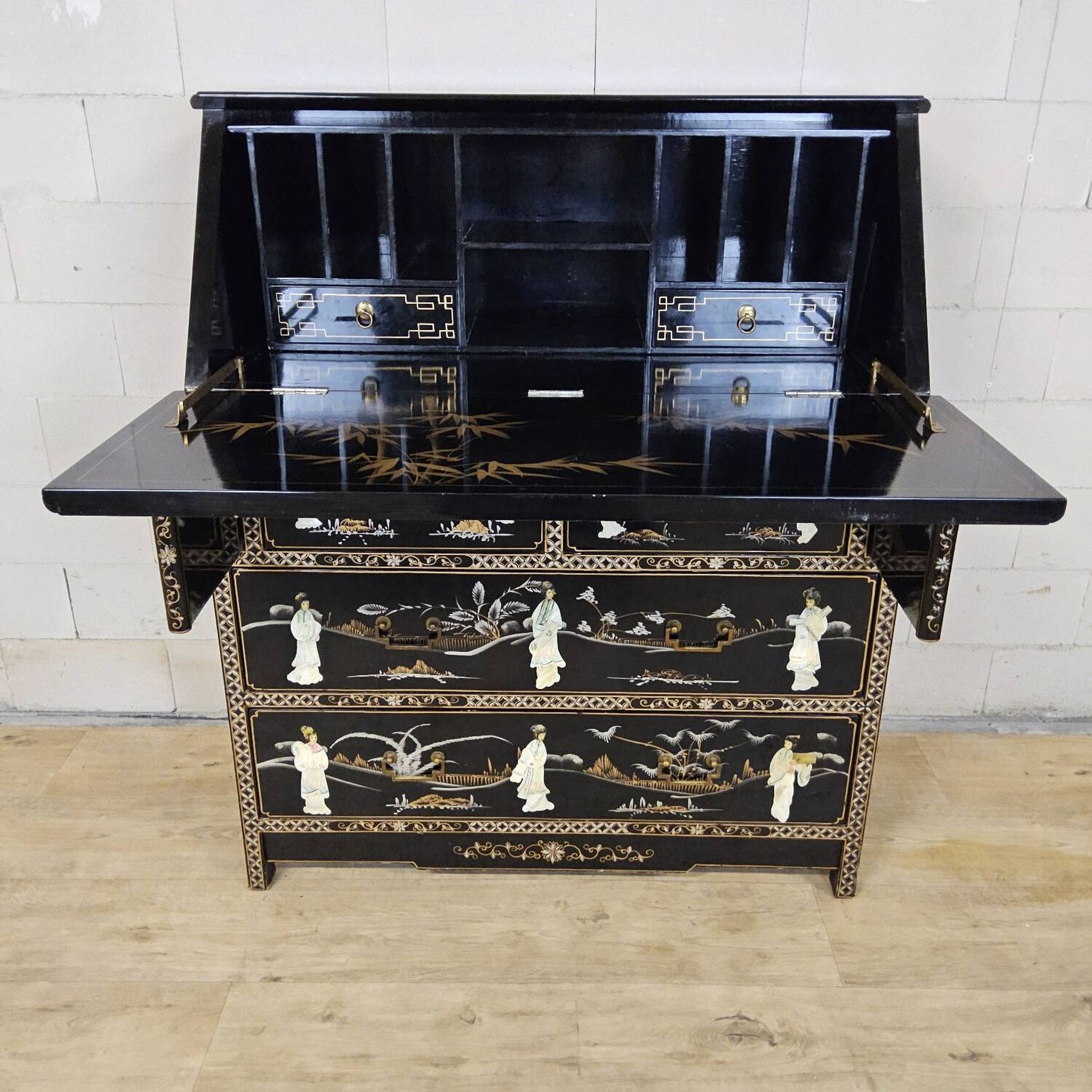Vintage Chinese lacquer secretary desk with mother-of-pearl