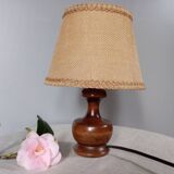 Dark stained turned wood table lamp, camel jute lampshade 1960
