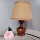 Dark stained turned wood table lamp, camel jute lampshade 1960