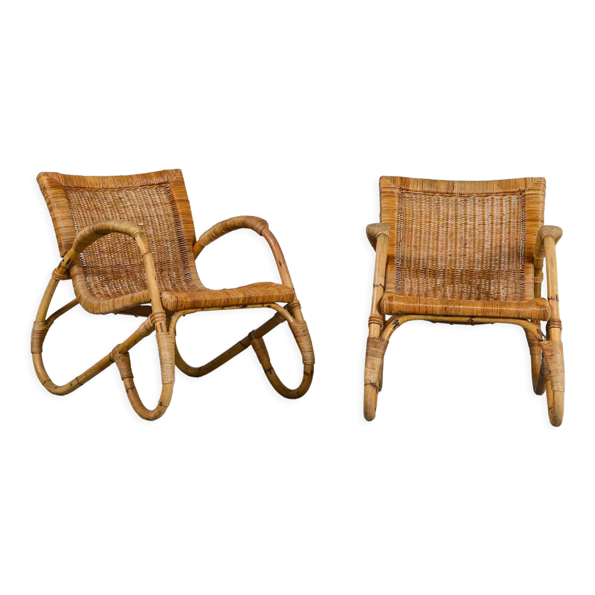 Pair of bamboo and rattan armchairs from the 1950s