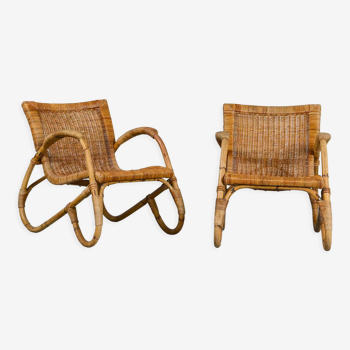 Paire de fauteuils bambou et rotin des années 1950