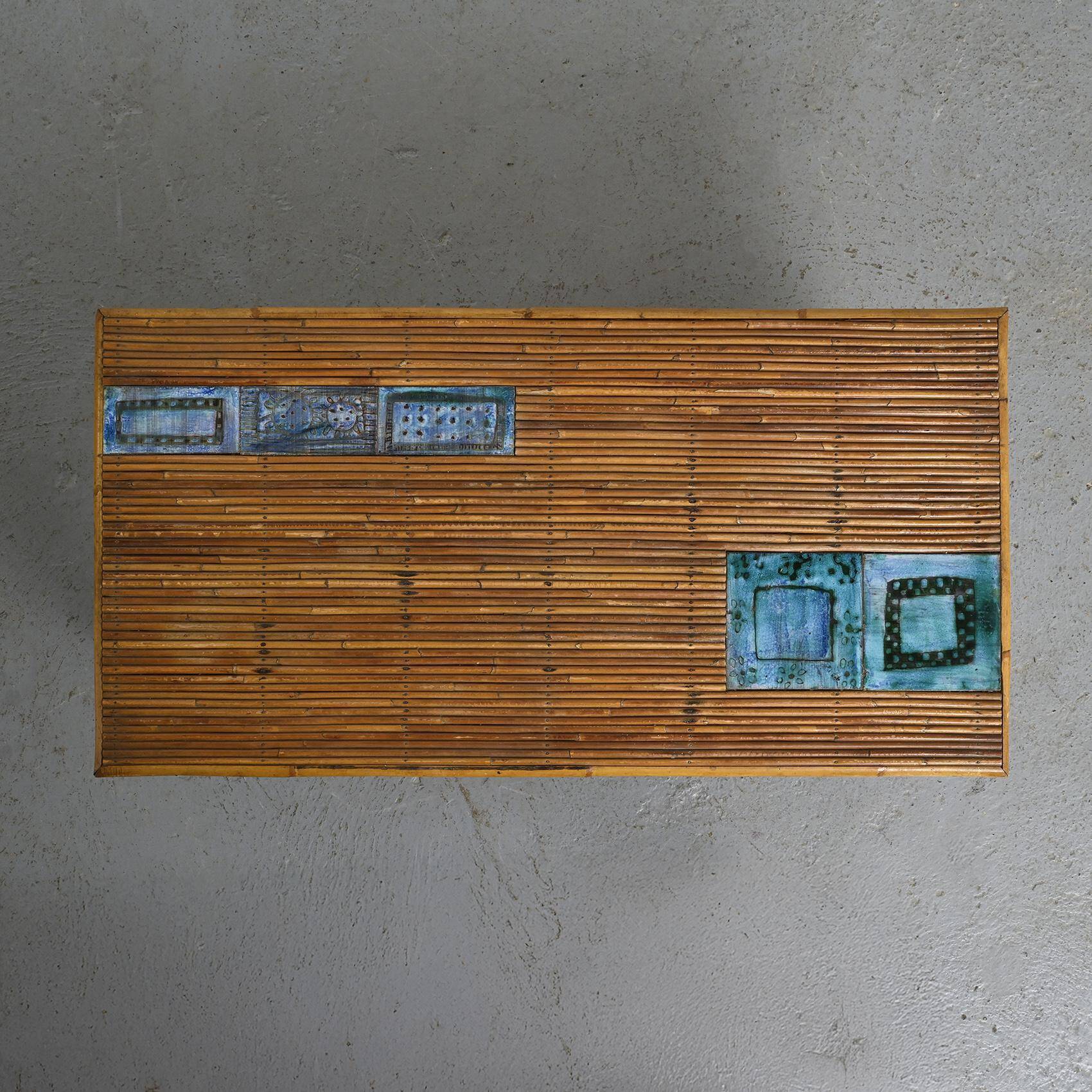 Coffee table with blue ceramic tiles by Robert and Jean Cloutier