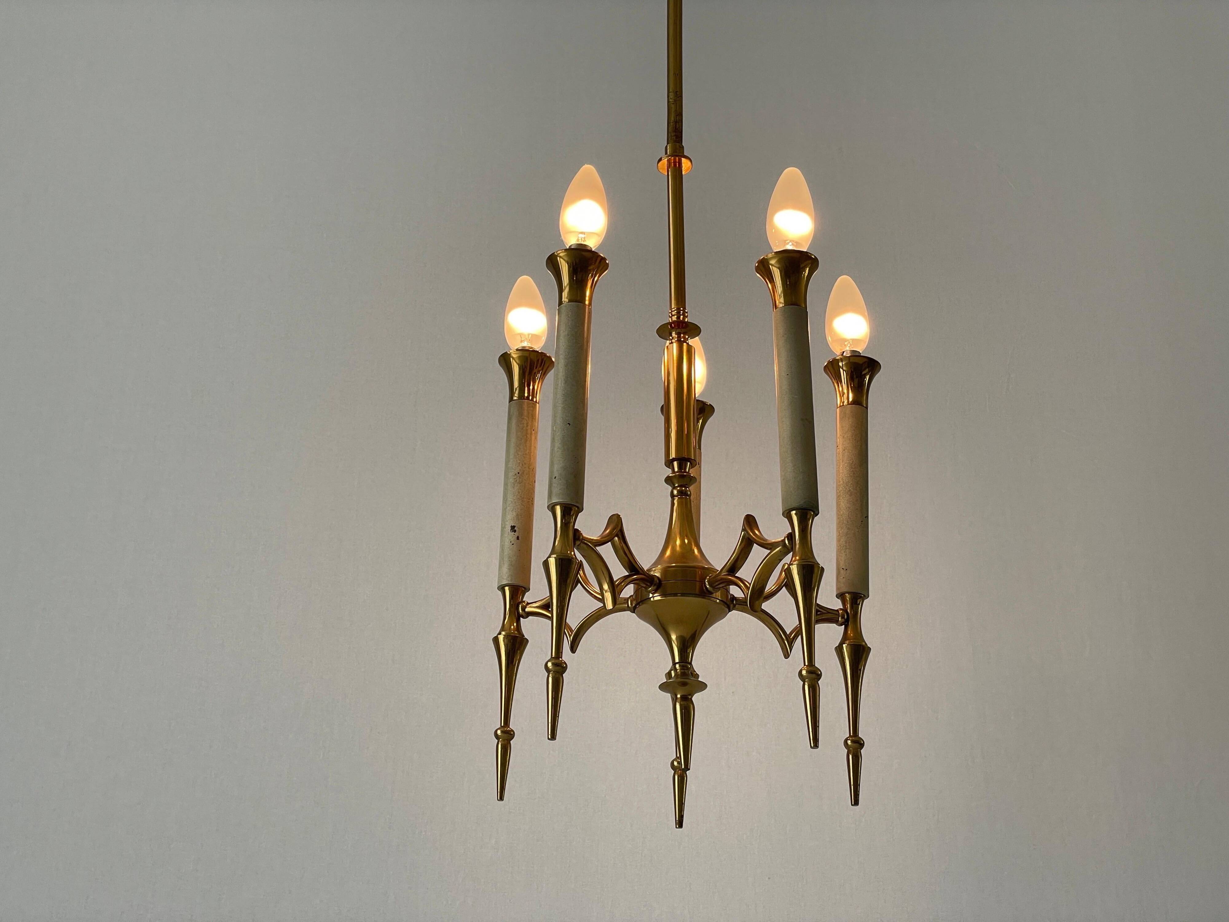 Brass chandelier with 5 light arms, Italy, 1960s