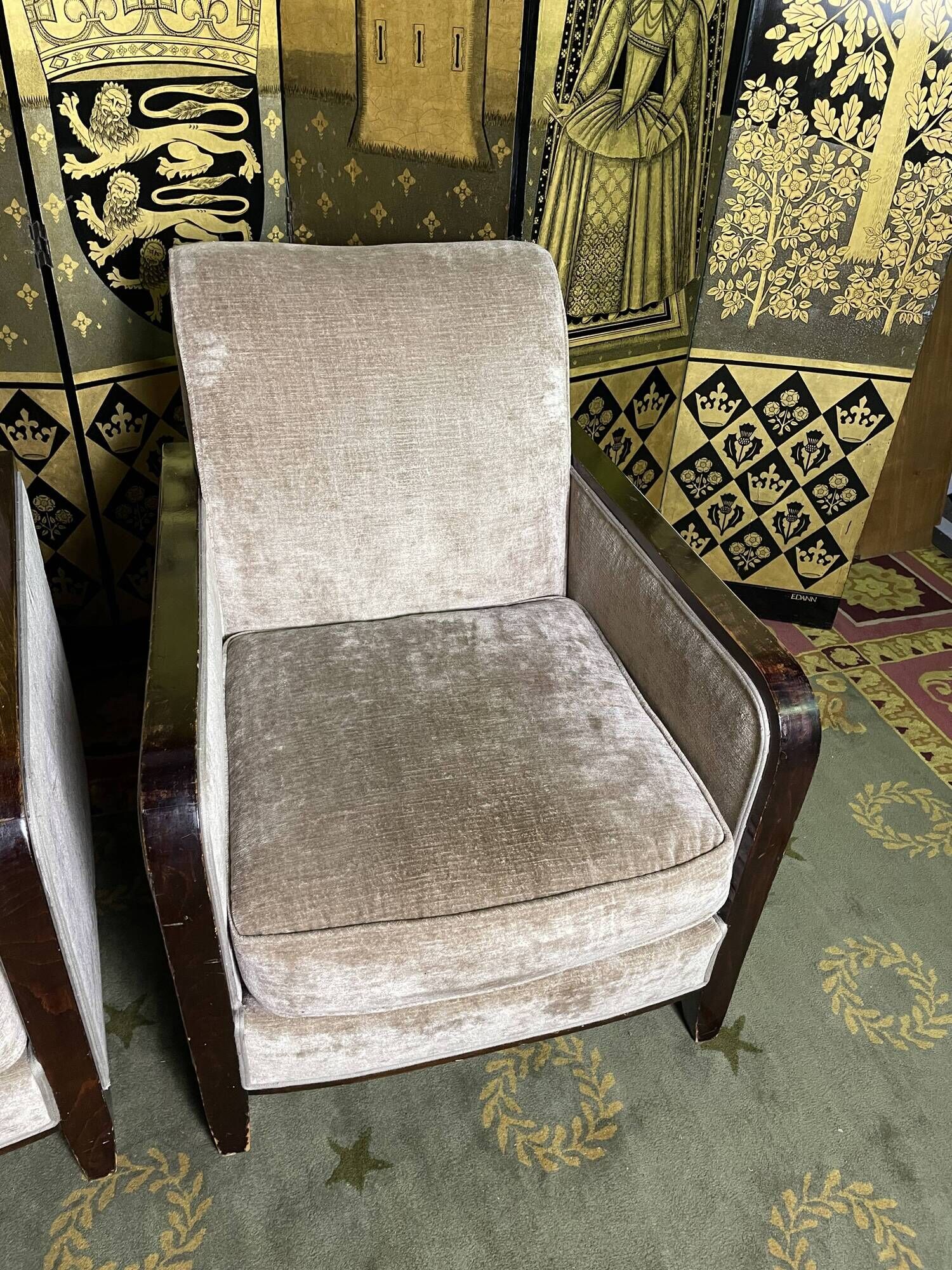 Pair of Art Deco armchairs in taupe velvet