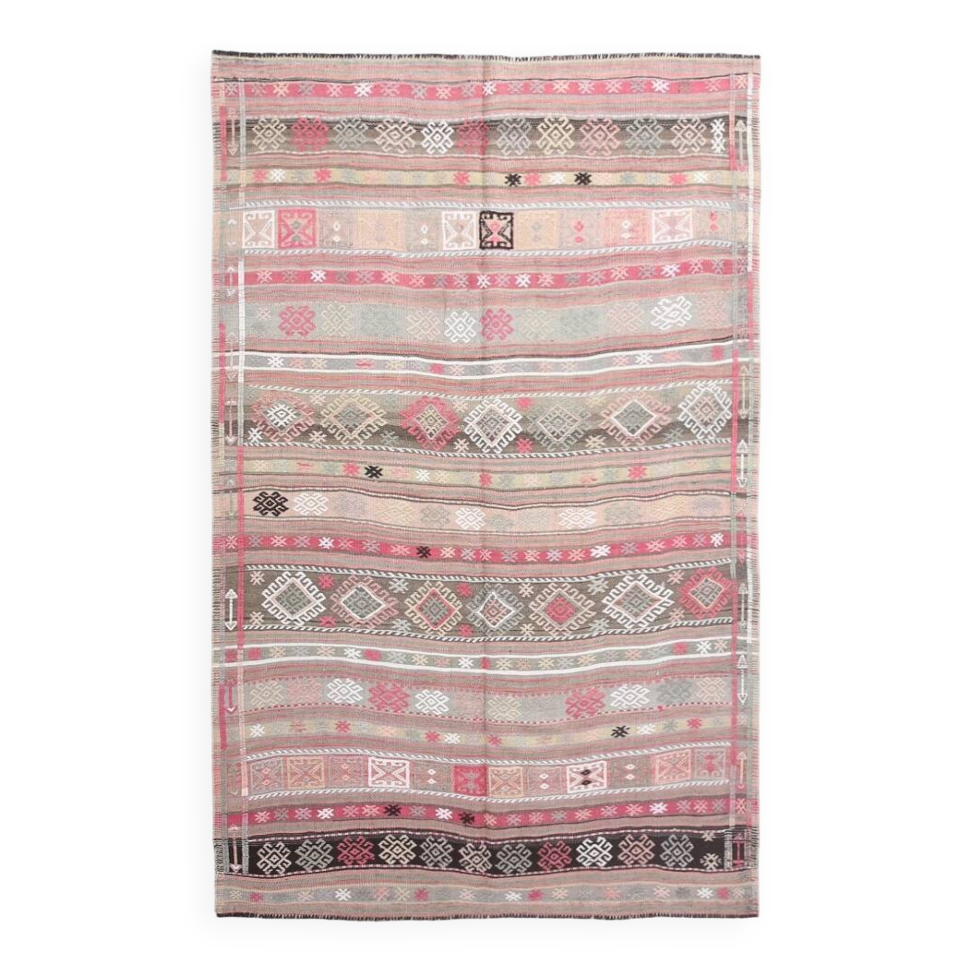 Tapis kilim ancien pastel, teintes délavées rose & vert, charme bohème,