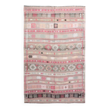 Tapis kilim ancien pastel, teintes délavées rose & vert, charme bohème,