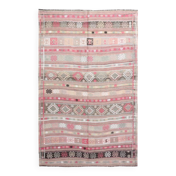 Tapis kilim ancien pastel, teintes délavées rose & vert, charme bohème,