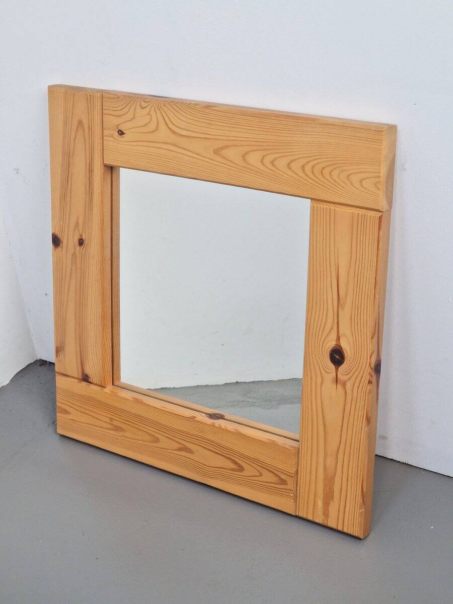 Vintage Scandinavian Square Pine Mirror, 1970s
