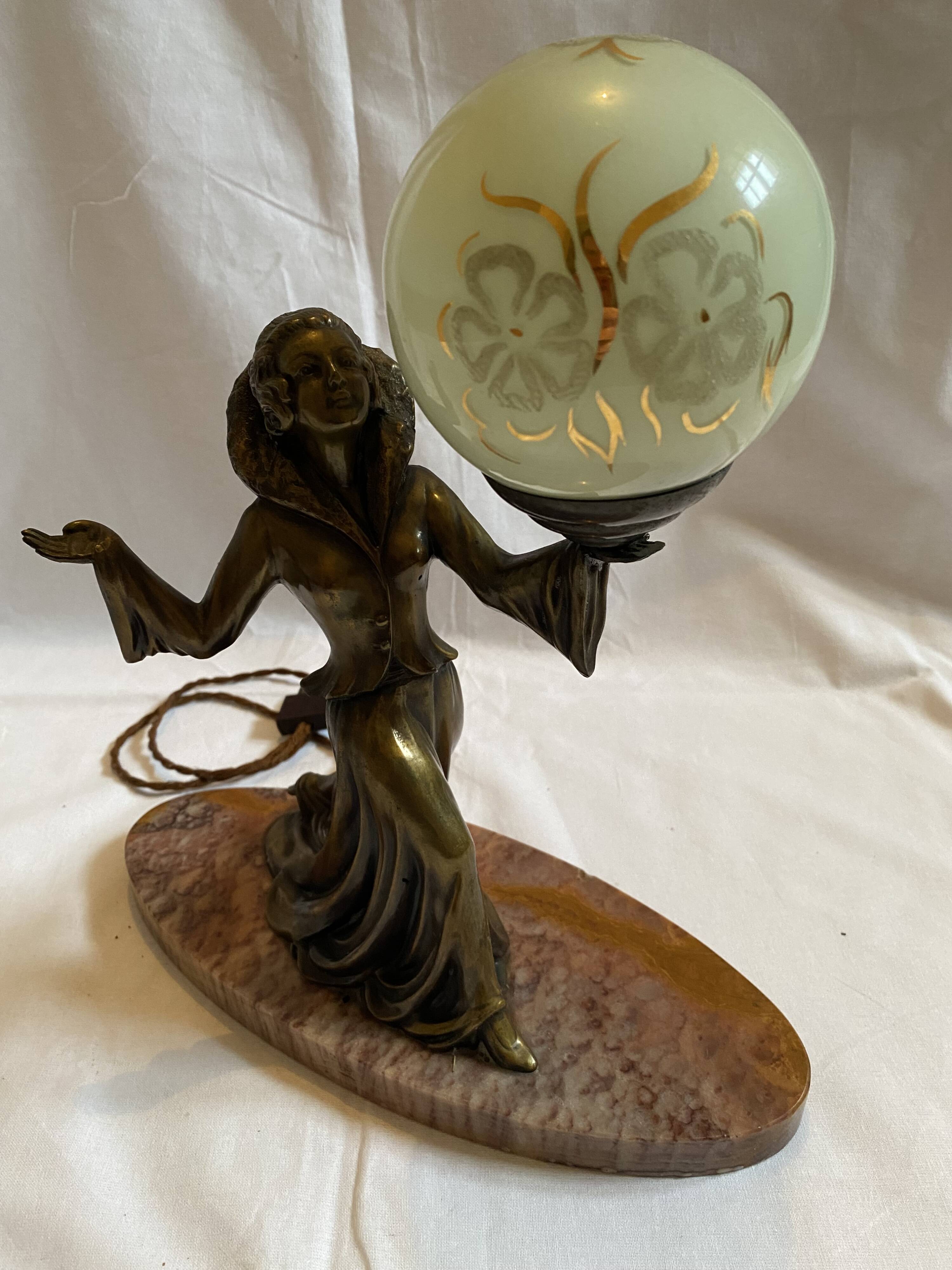 Art deco lamp in marble and bronze, woman holding a globe