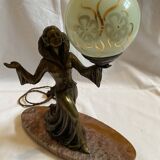 Art deco lamp in marble and bronze, woman holding a globe