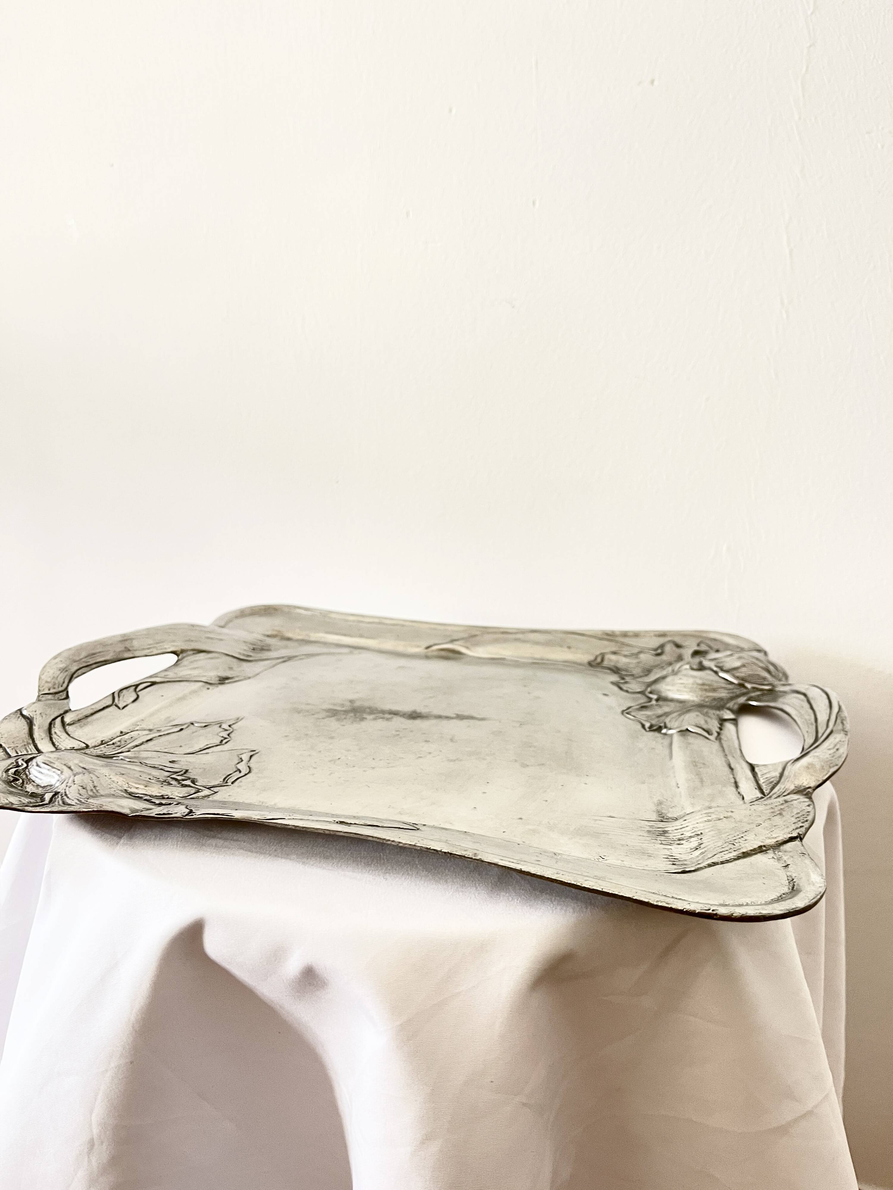 Antique Art Nouveau Pewter Tray, Tulip Design Serving Tray,  France, 1980s