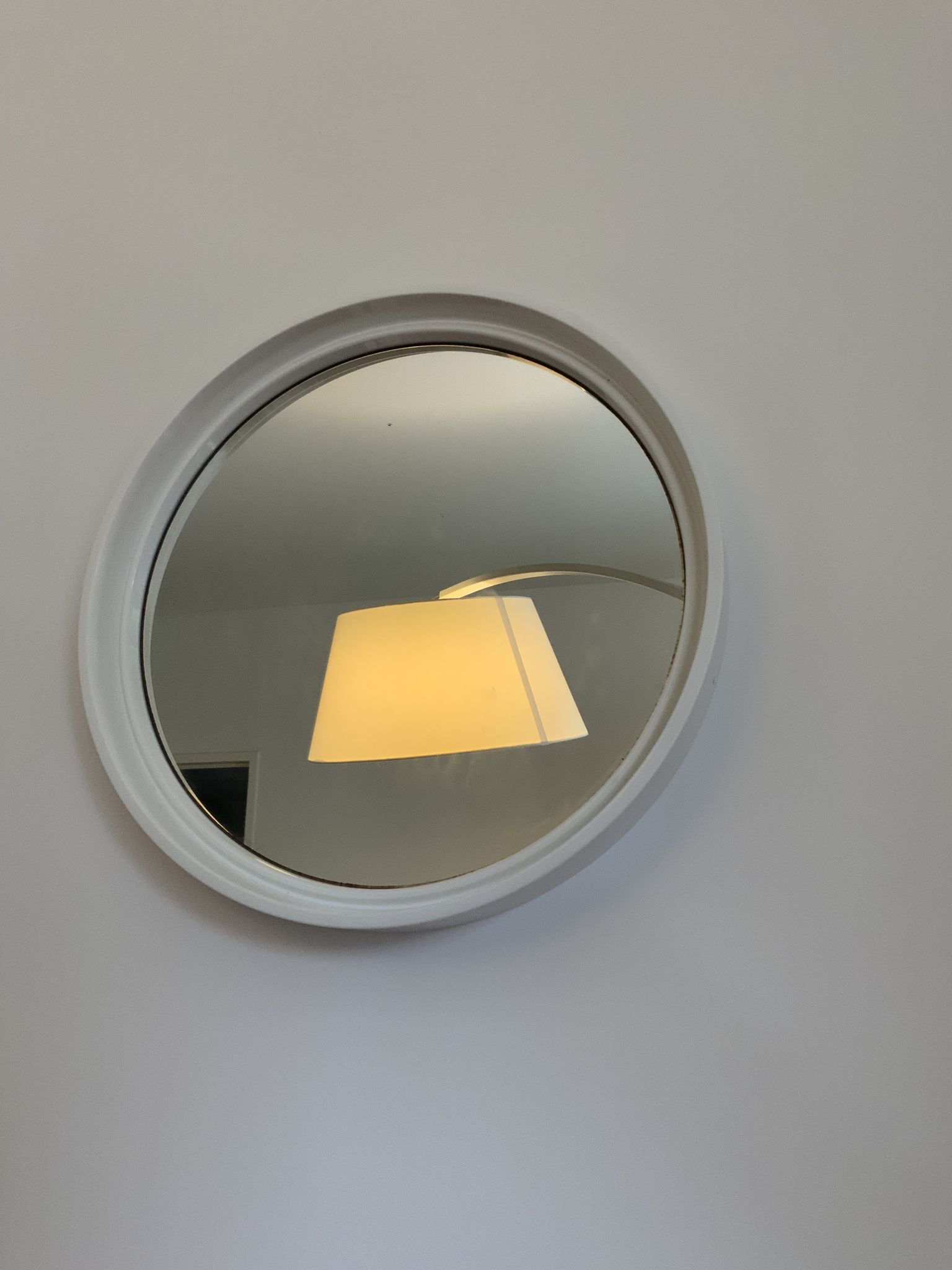 Vintage mirror round contours plastic white Gilac France 40x40cm