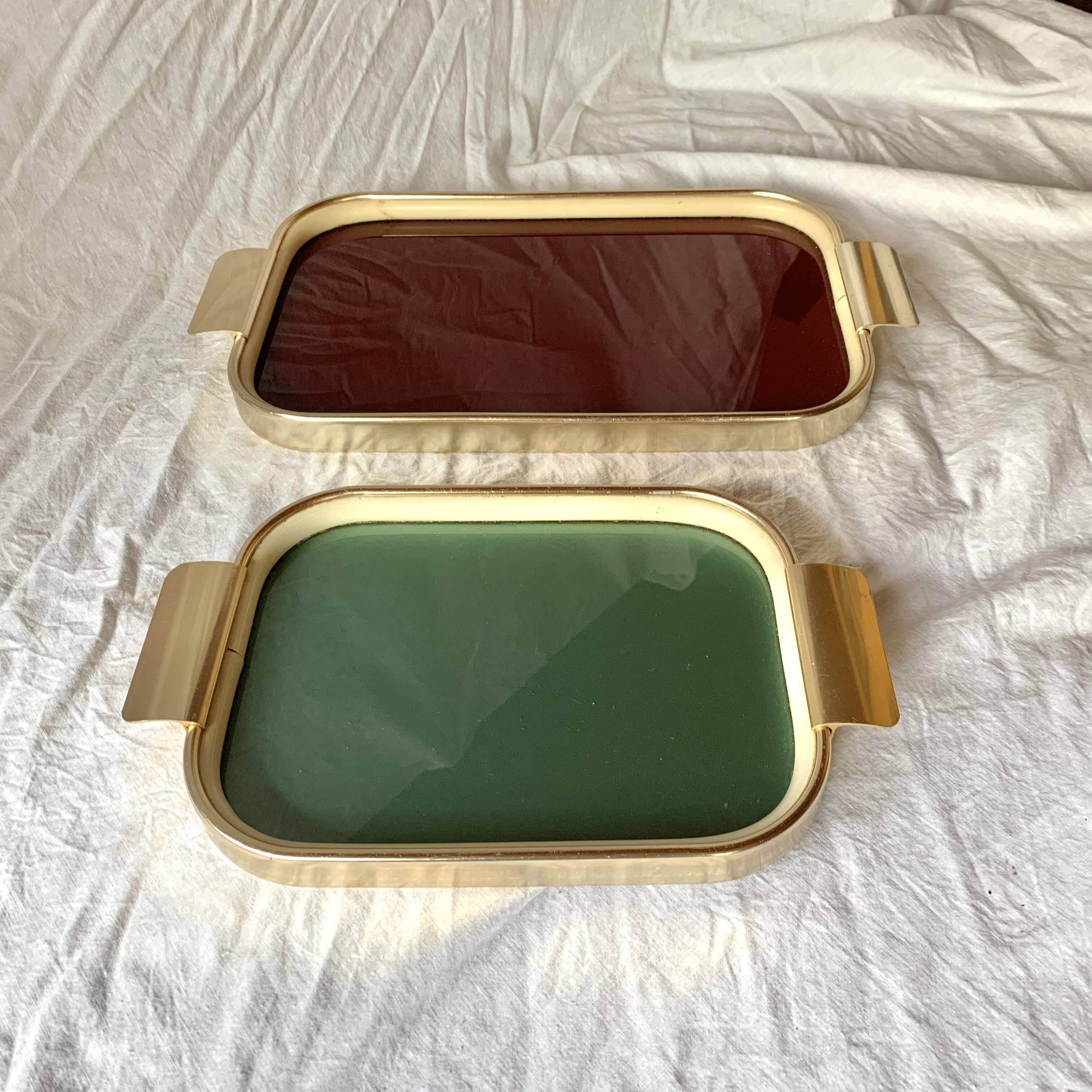 Duo of Art Deco serving trays in gold anodized aluminum and glass - MB Italy