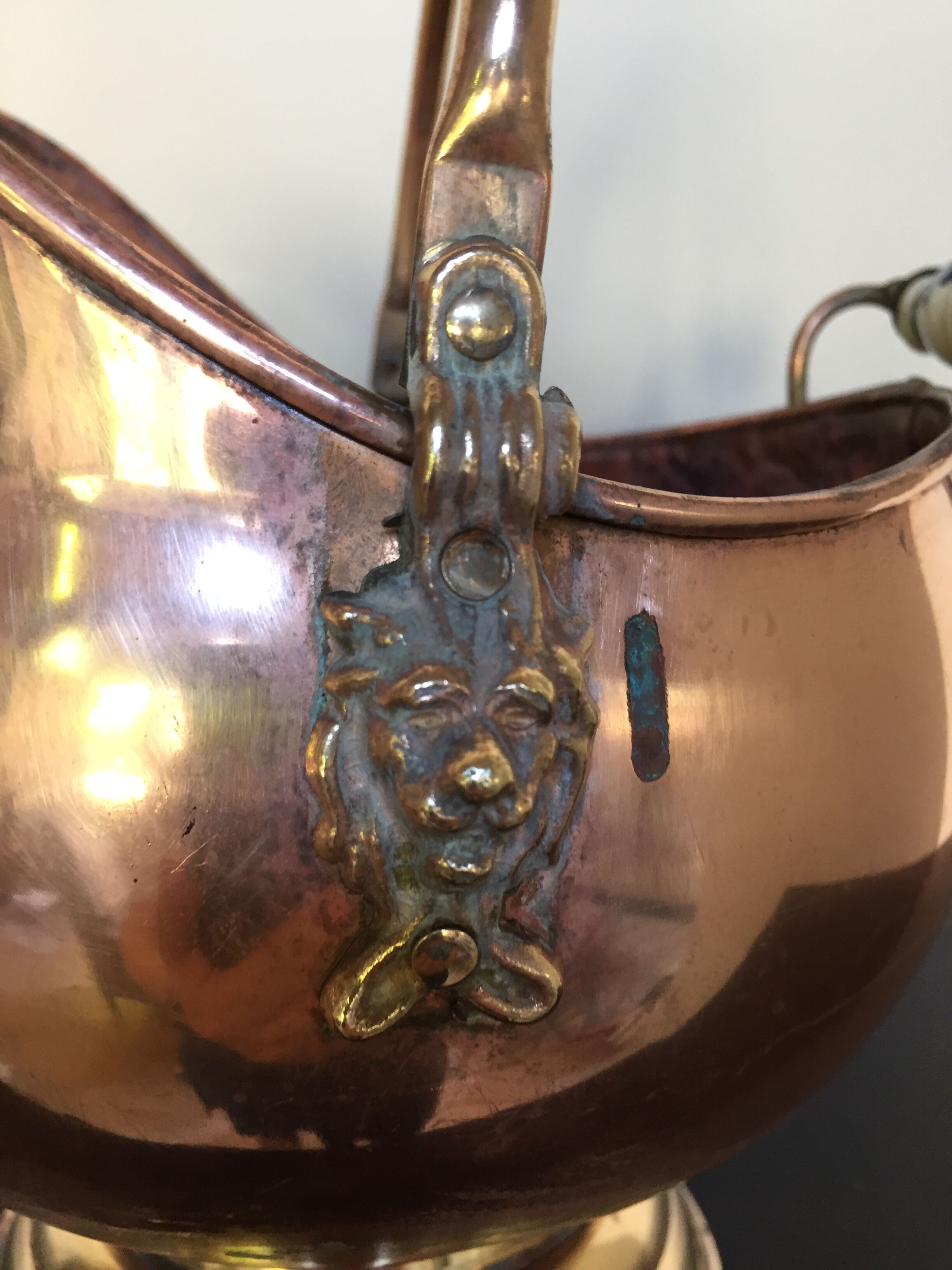 Ancient pink copper pot cover and porcelain handle