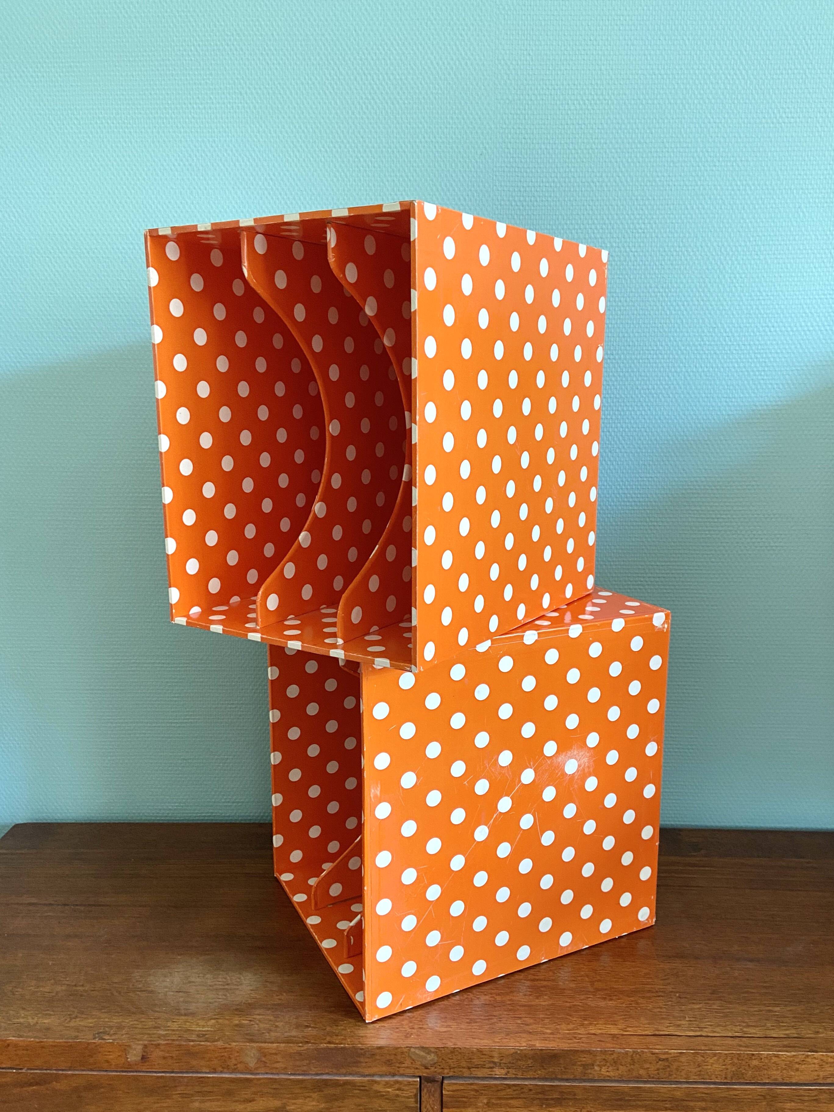 Vinyl storage cube - orange with white polka dots