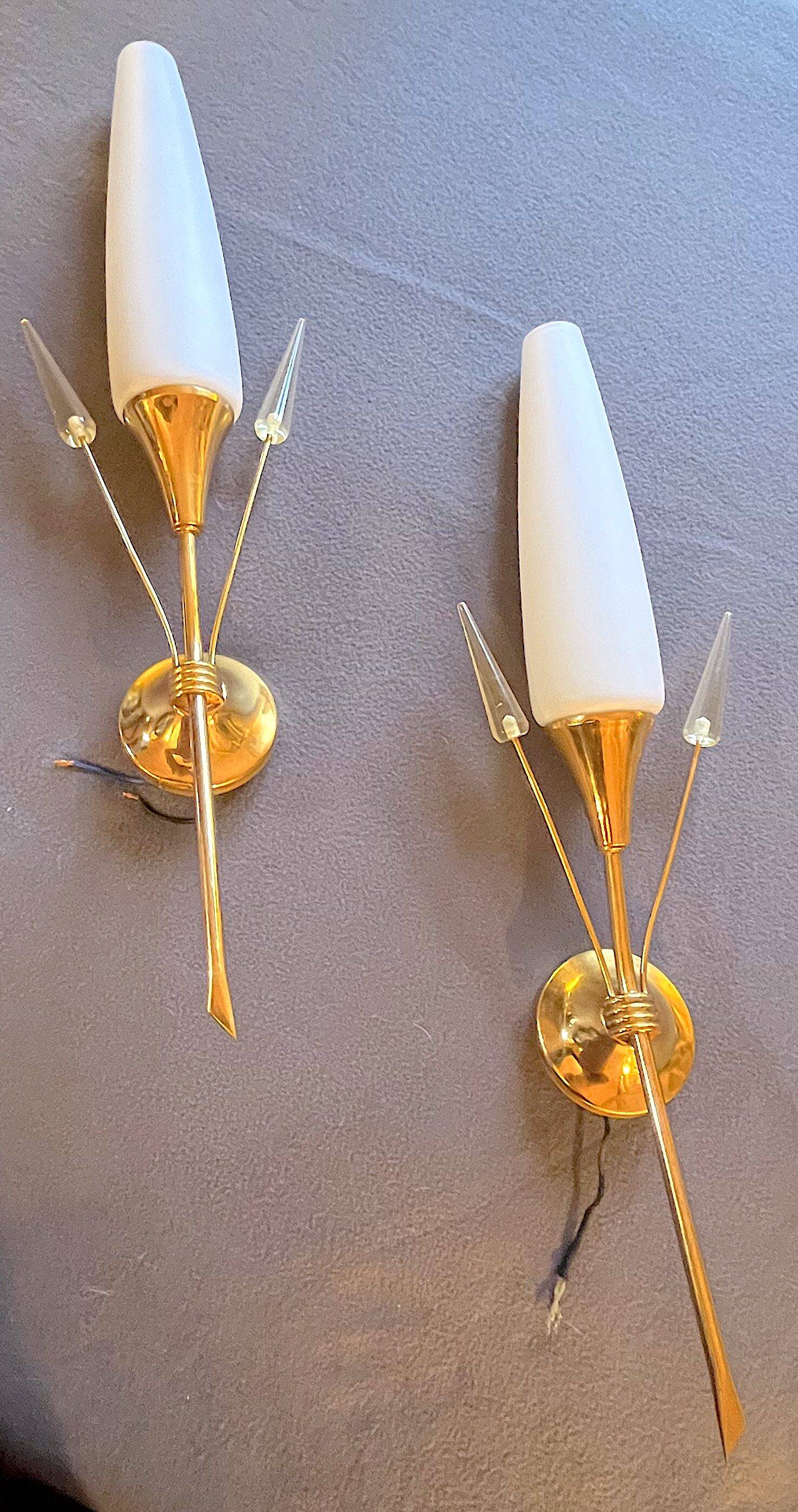 Pair of brass and opaline sconces, Maison Arlus, France, Mid-Century