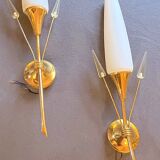 Pair of brass and opaline sconces, Maison Arlus, France, Mid-Century