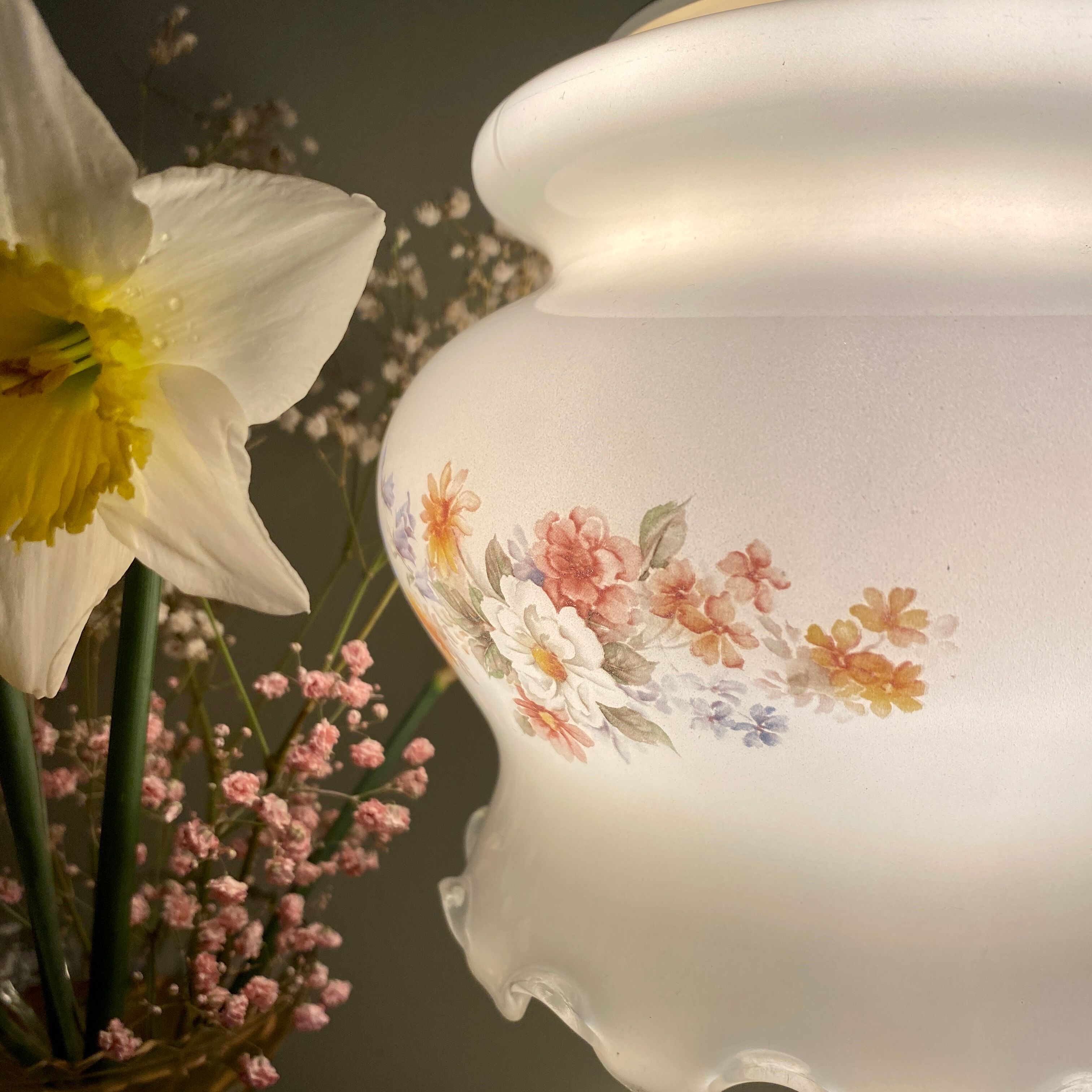 Vintage white opaline globe walker with flower designs