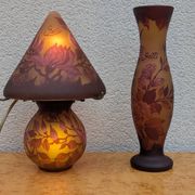 Signed lamp and vase, Tip Gallé – Acid-etched glass – Art Nouveau