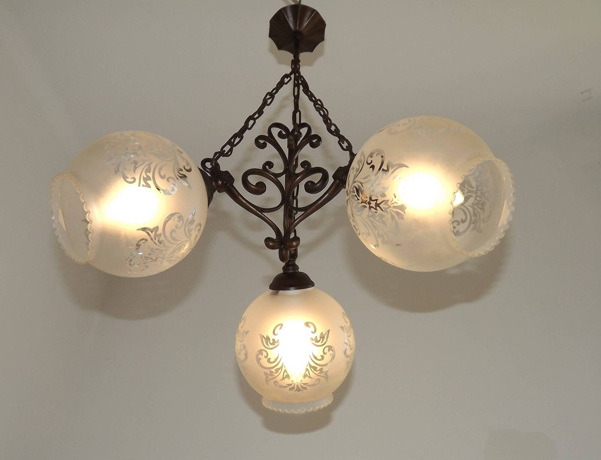 French Vintage 3 Light Bronze Effect Chandelier - Opaque Glass Ball Shades