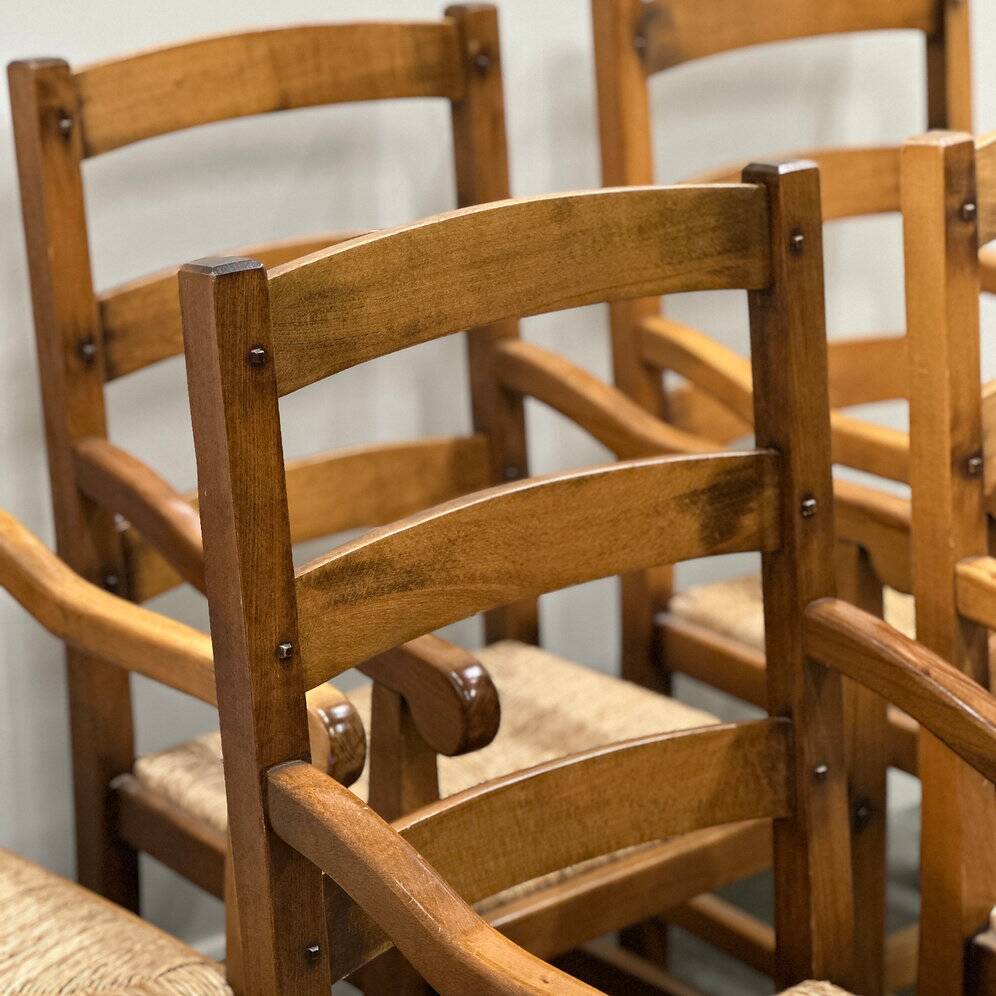 Set of 5 large French oak dining armchairs with rush seats, 1970s