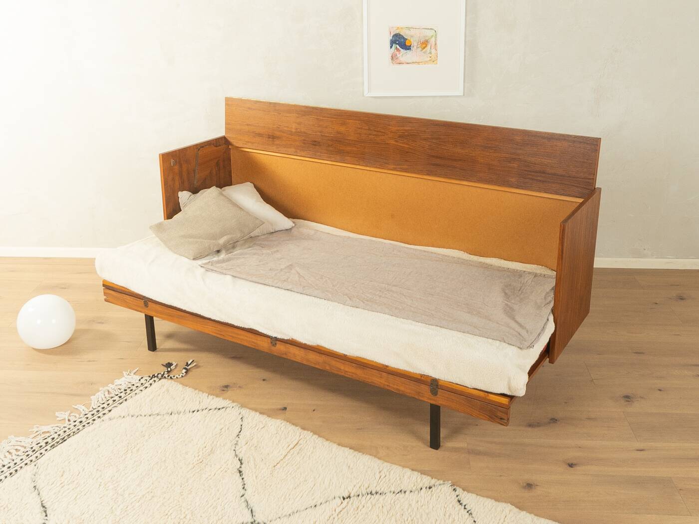 Unique folding bed from the 1960s, walnut veneer, black steel legs